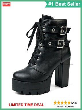 Platform High Heel Combat Ankle Boots PU Leather Lace Up Goth Booties